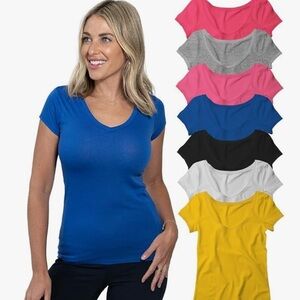 Women's V-Neck Short Sleeve Tops - Blue, Pink, Gray, Black, White, Yellow